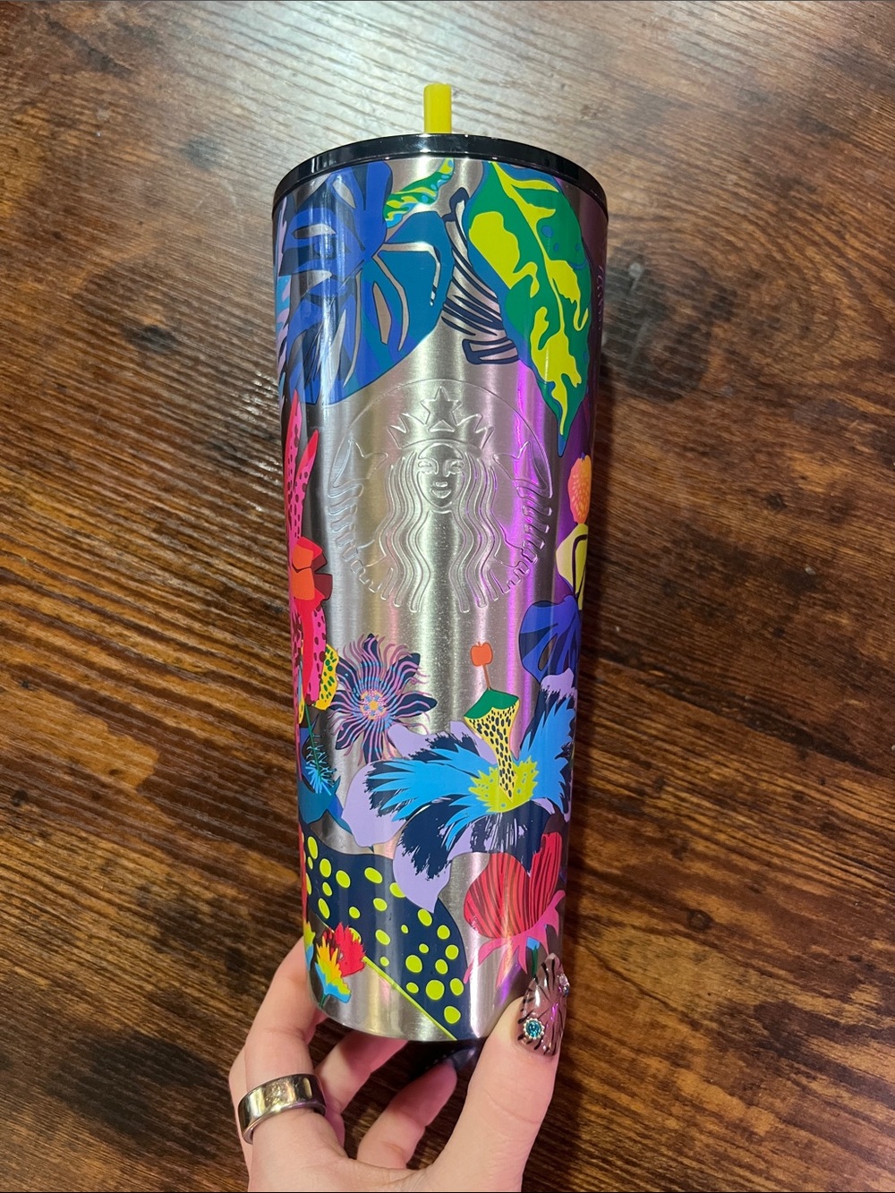 Starbucks Stainless Steel Floral Tumbler with Yellow Straw
